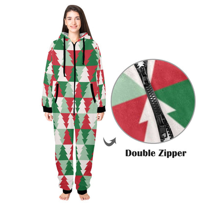 Christmas Tree Pattern Print Design 01 Hooded Fleece Onesie Pajama Jumpsuit