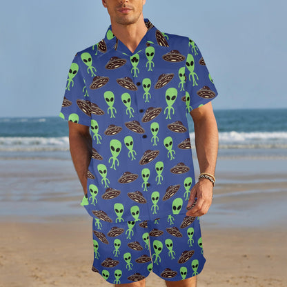 Alien Green UFO Pattern Men's Beach Shirt and Shorts Set