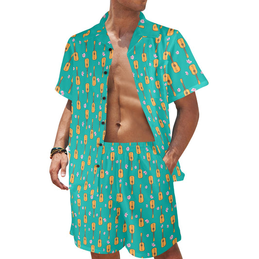 Ukulele Print Design LKS403 Men's Beach Shirt and Shorts Set