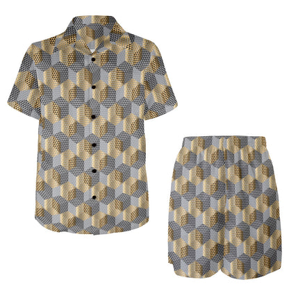 Hexagonal gold black Design Print Pattern JJ0343 Men's Beach Shirt and Shorts Set