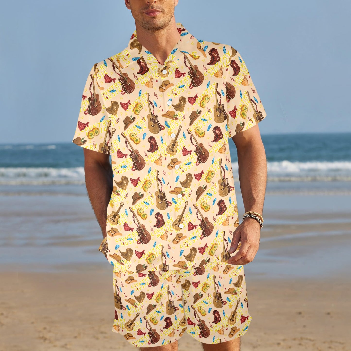 Western Lifestyle Print Design LKS303 Men's Beach Shirt and Shorts Set