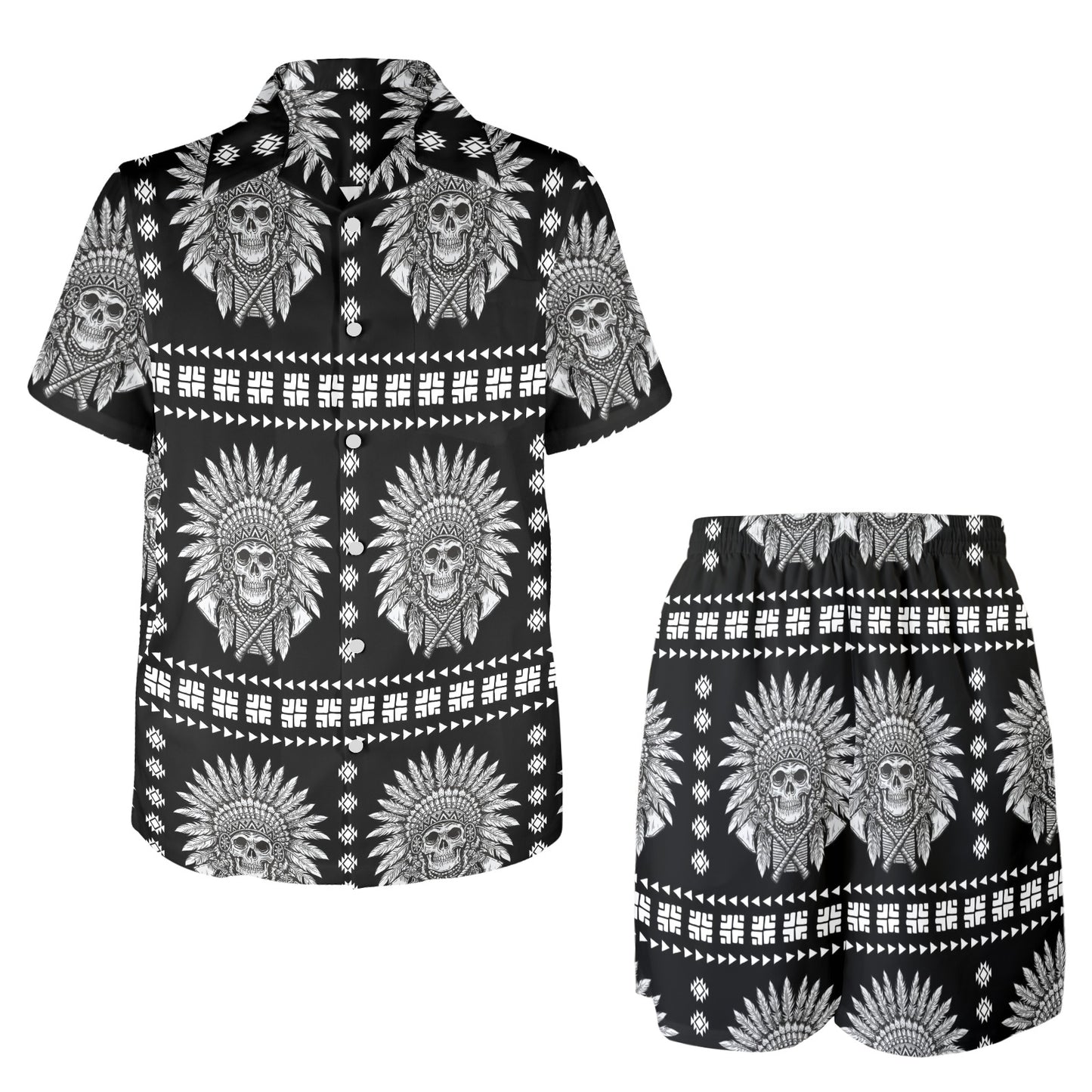 Native American Indian Skull Men's Beach Shirt and Shorts Set