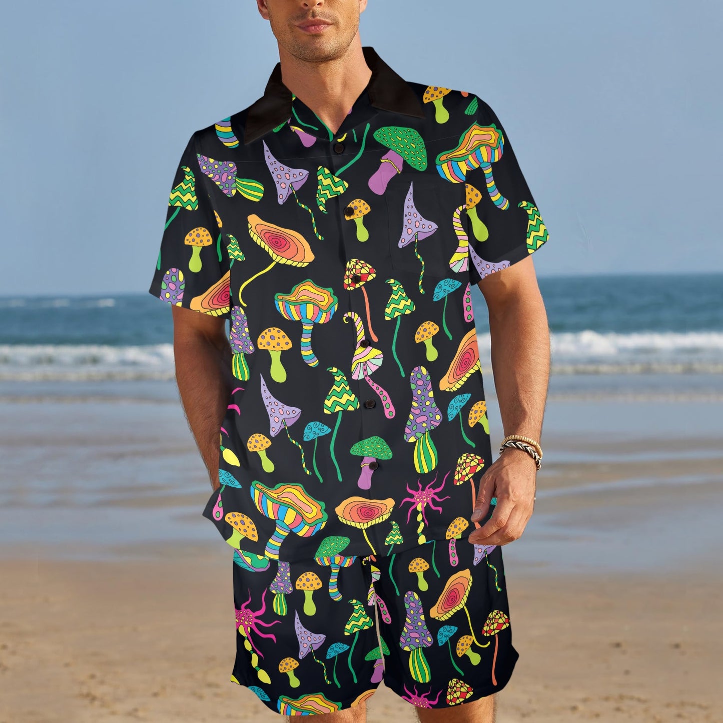 Psychedelic Mushroom Pattern Print Design A02 Men's Beach Shirt and Shorts Set