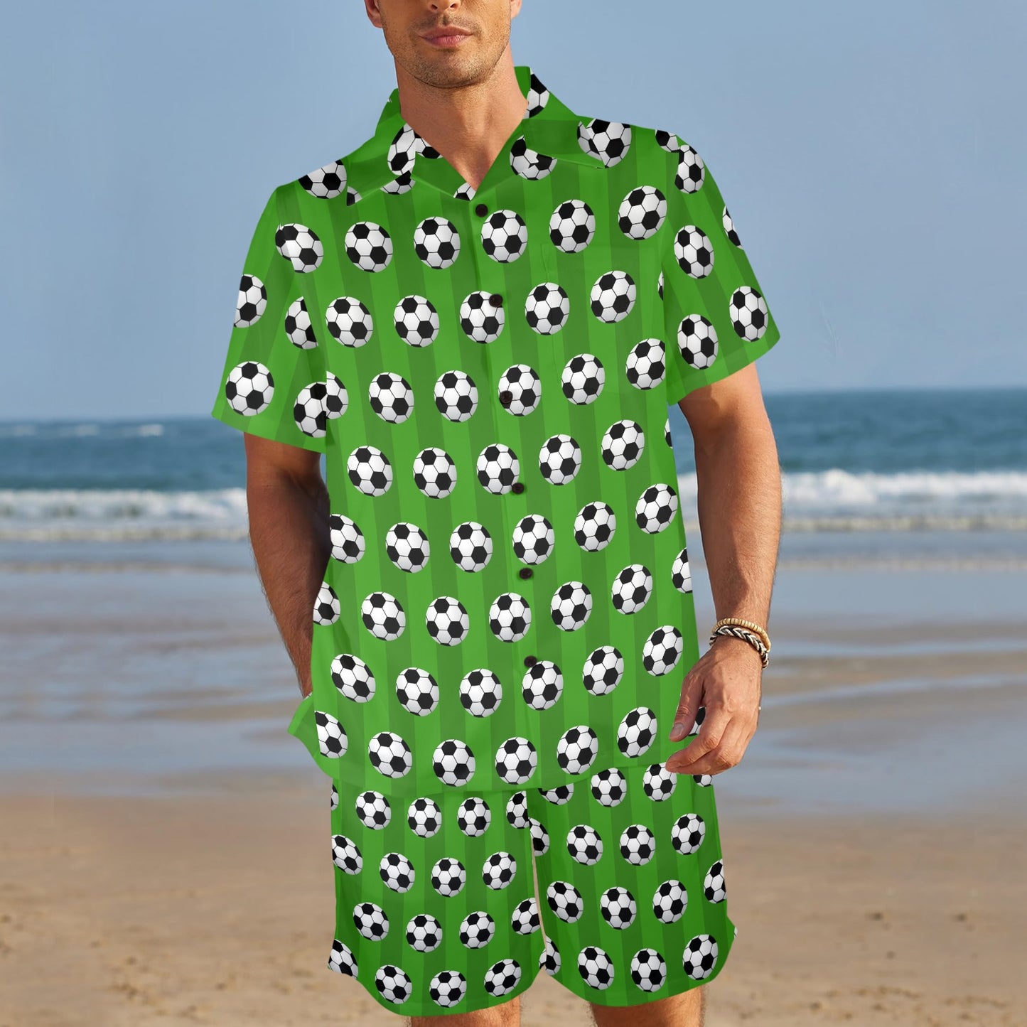 Soccer Ball Green Backgrpund Print Men's Beach Shirt and Shorts Set