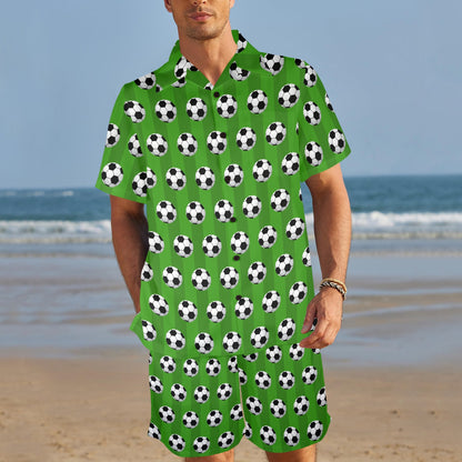 Soccer Ball Green Backgrpund Print Men's Beach Shirt and Shorts Set