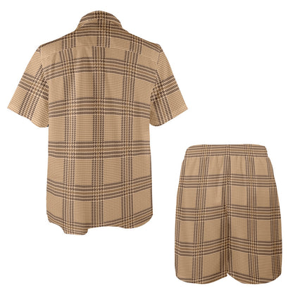 Houndstooth Brown Pattern Print Design 04 Men's Beach Shirt and Shorts Set