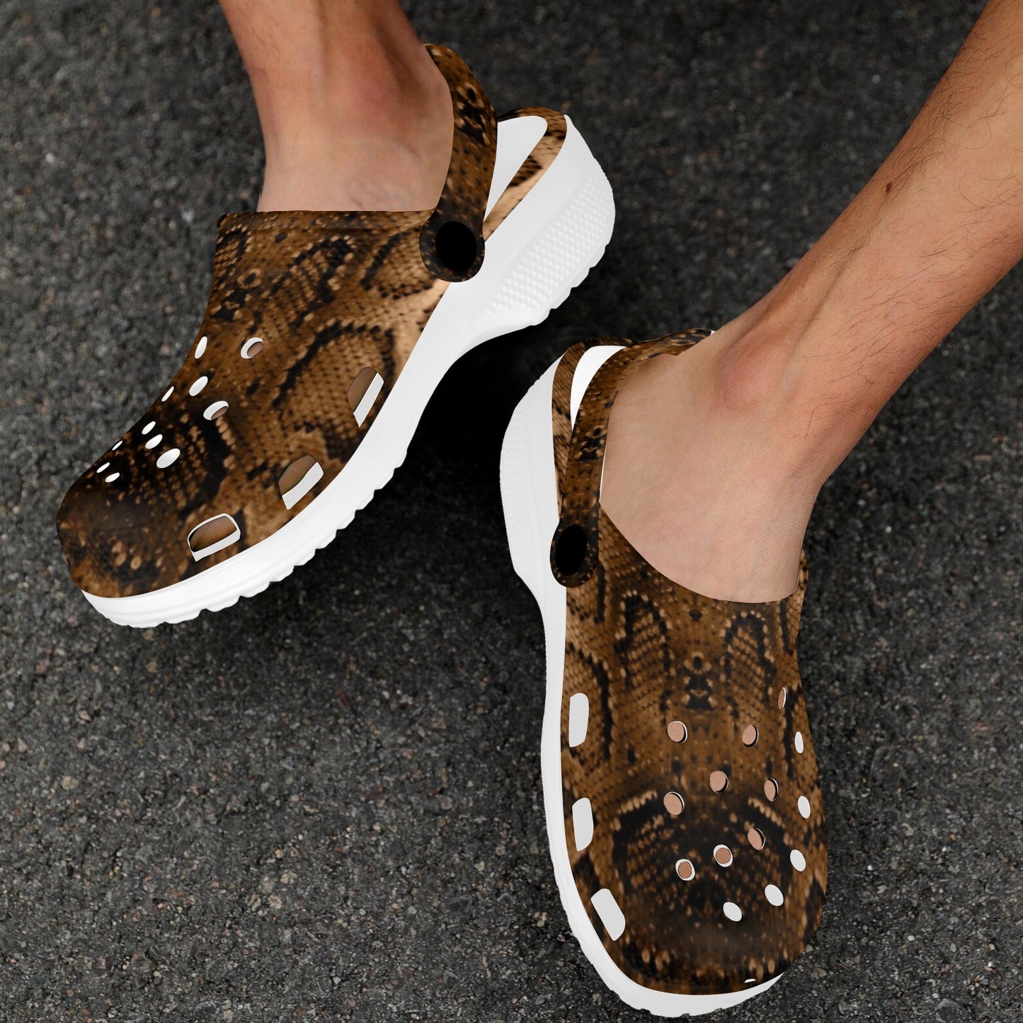 Snake Skin Brown Print Unisex Clogs Shoes