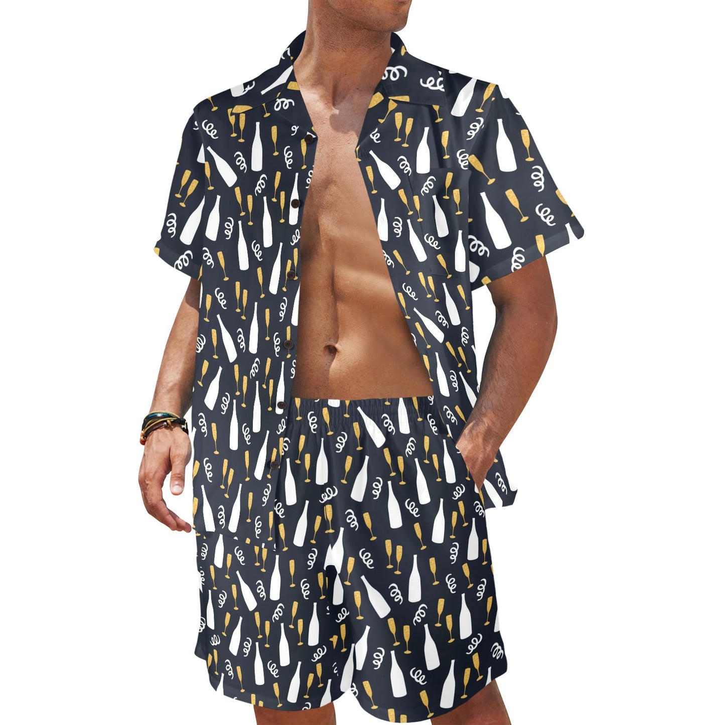 Champagne Pattern Print Design 01 Men's Beach Shirt and Shorts Set