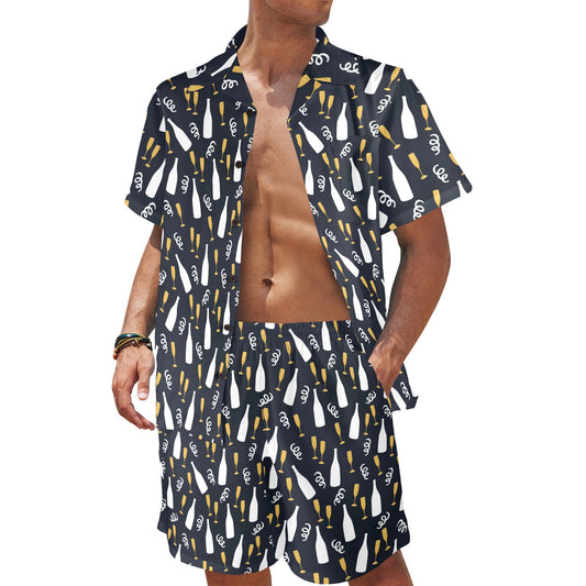 Champagne Pattern Print Design 01 Men's Beach Shirt and Shorts Set