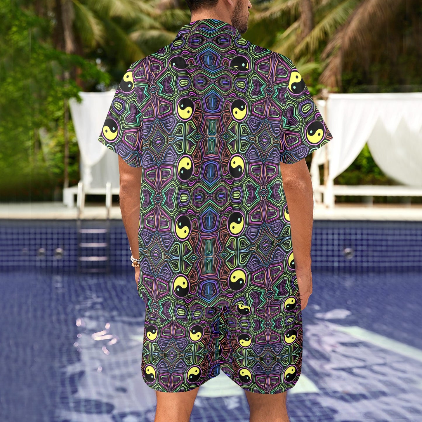 Yin Yang Neon Color Design Print Men's Beach Shirt and Shorts Set