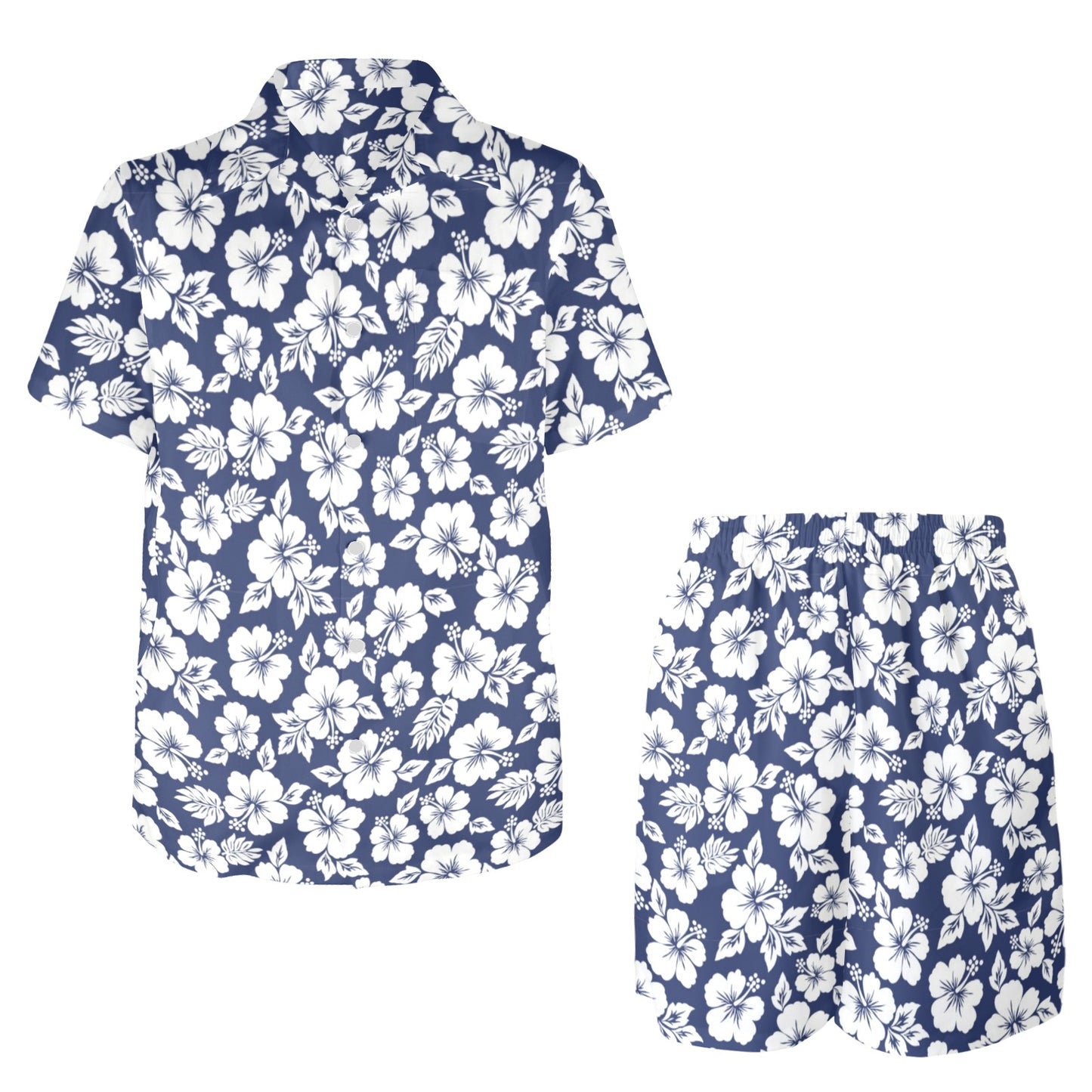 Hibiscus Blue Hawaiian Flower Style Men's Beach Shirt and Shorts Set