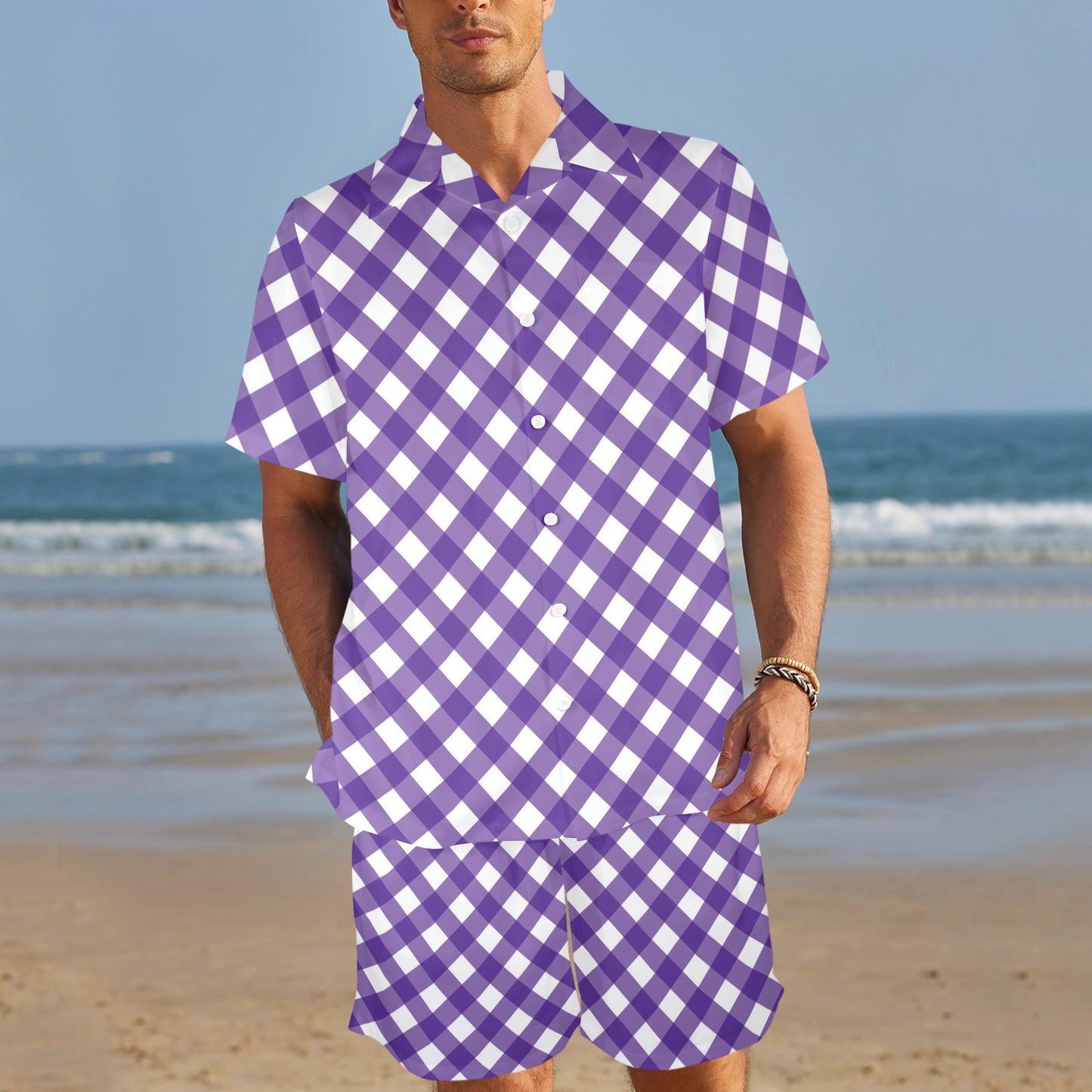 Gingham Purple Pattern Print Design 03 Men's Beach Shirt and Shorts Set