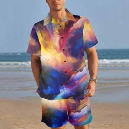 Vortex Twist Swirl Water Color Design Men's Beach Shirt and Shorts Set