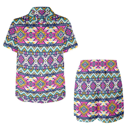 Aztec Pink Geometric Print Pattern Men's Beach Shirt and Shorts Set