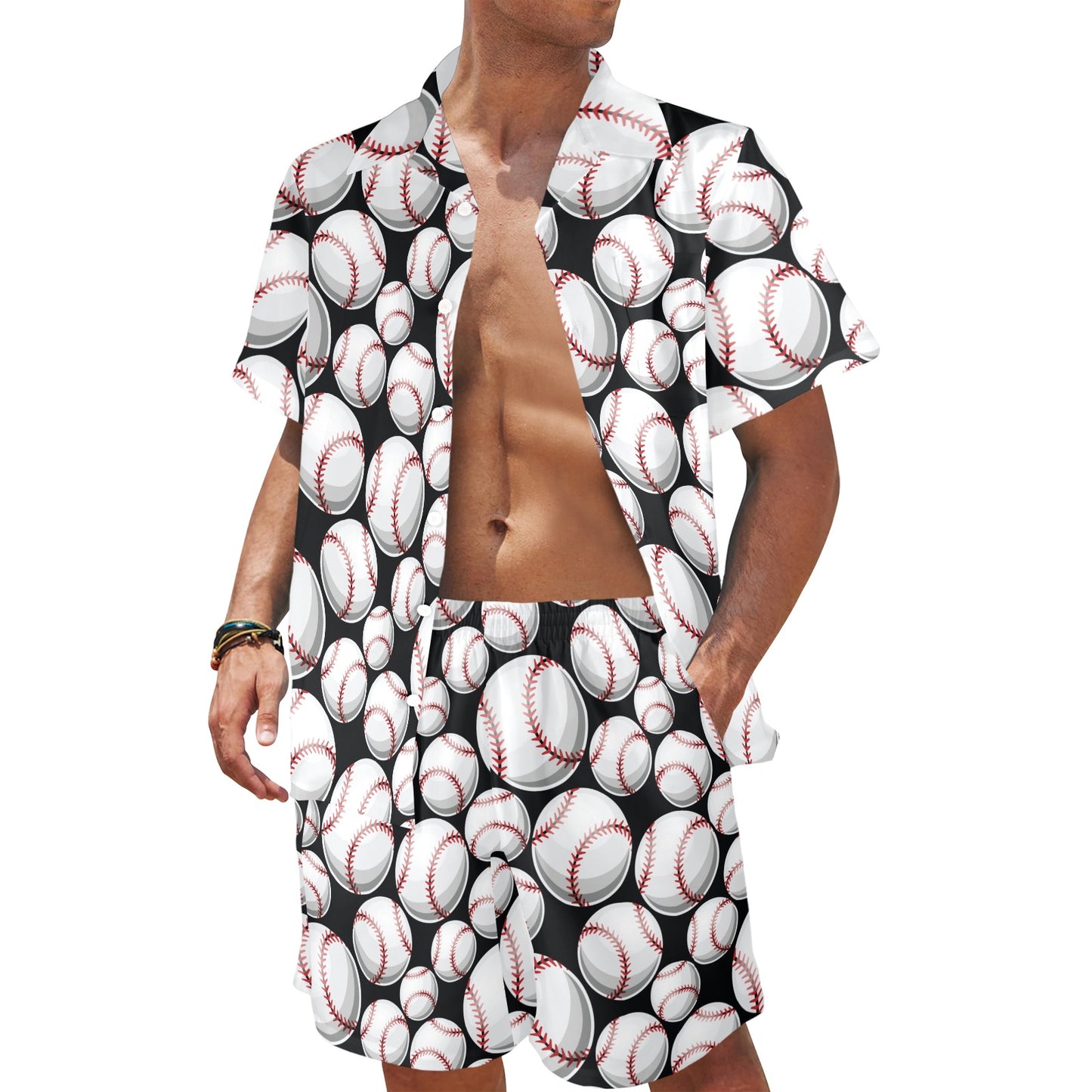 Baseball Black Background Men's Beach Shirt and Shorts Set