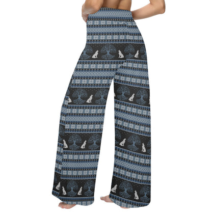 Wolf Tree of Life Knit Design Print Women's Wide Leg Lounge Pants