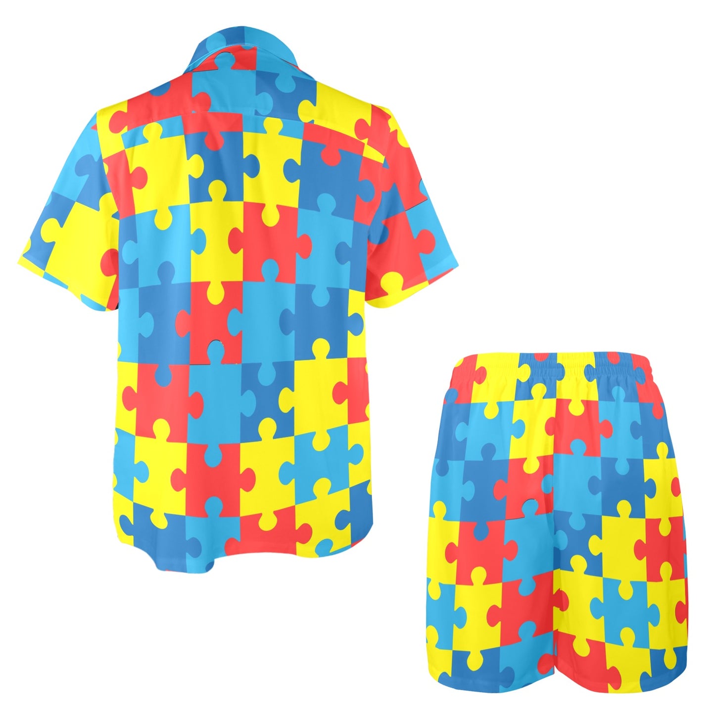 Autism Awareness Puzzles Design Print Men's Beach Shirt and Shorts Set
