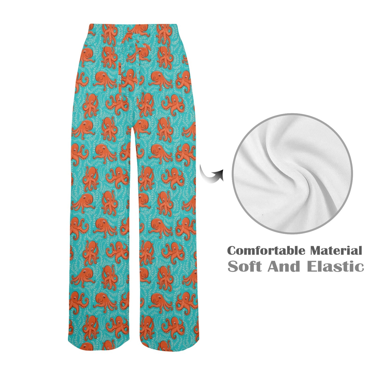 Octopus Cartoon Design Print Themed Women's Wide Leg Lounge Pants