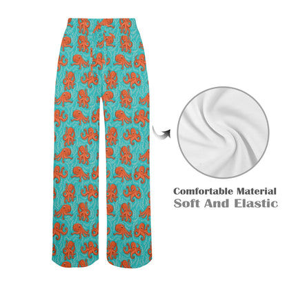 Octopus Cartoon Design Print Themed Women's Wide Leg Lounge Pants