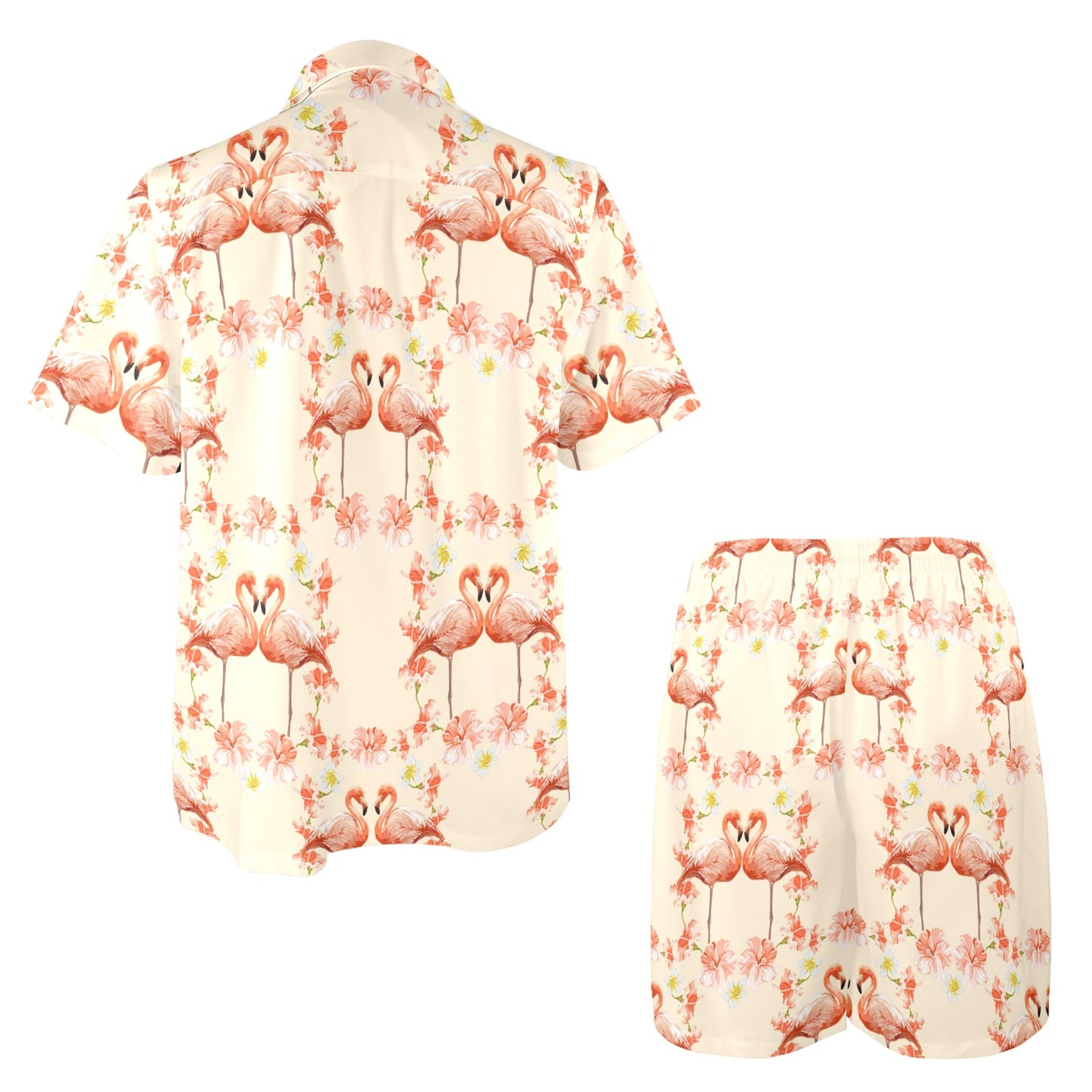 Flamingo Hibiscus Print Pattern Men's Beach Shirt and Shorts Set