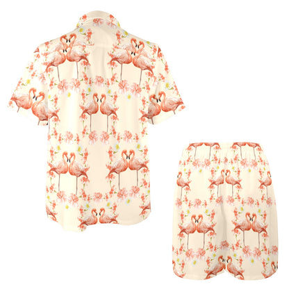 Flamingo Hibiscus Print Pattern Men's Beach Shirt and Shorts Set