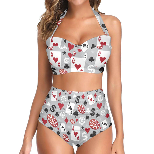 Casino Pattern Print Design 01 Halter Neck Bikini Swimsuit