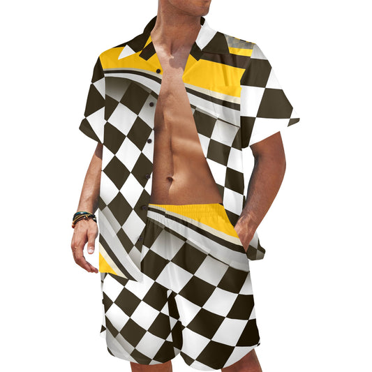 Checkered Flag Racing Style Men's Beach Shirt and Shorts Set