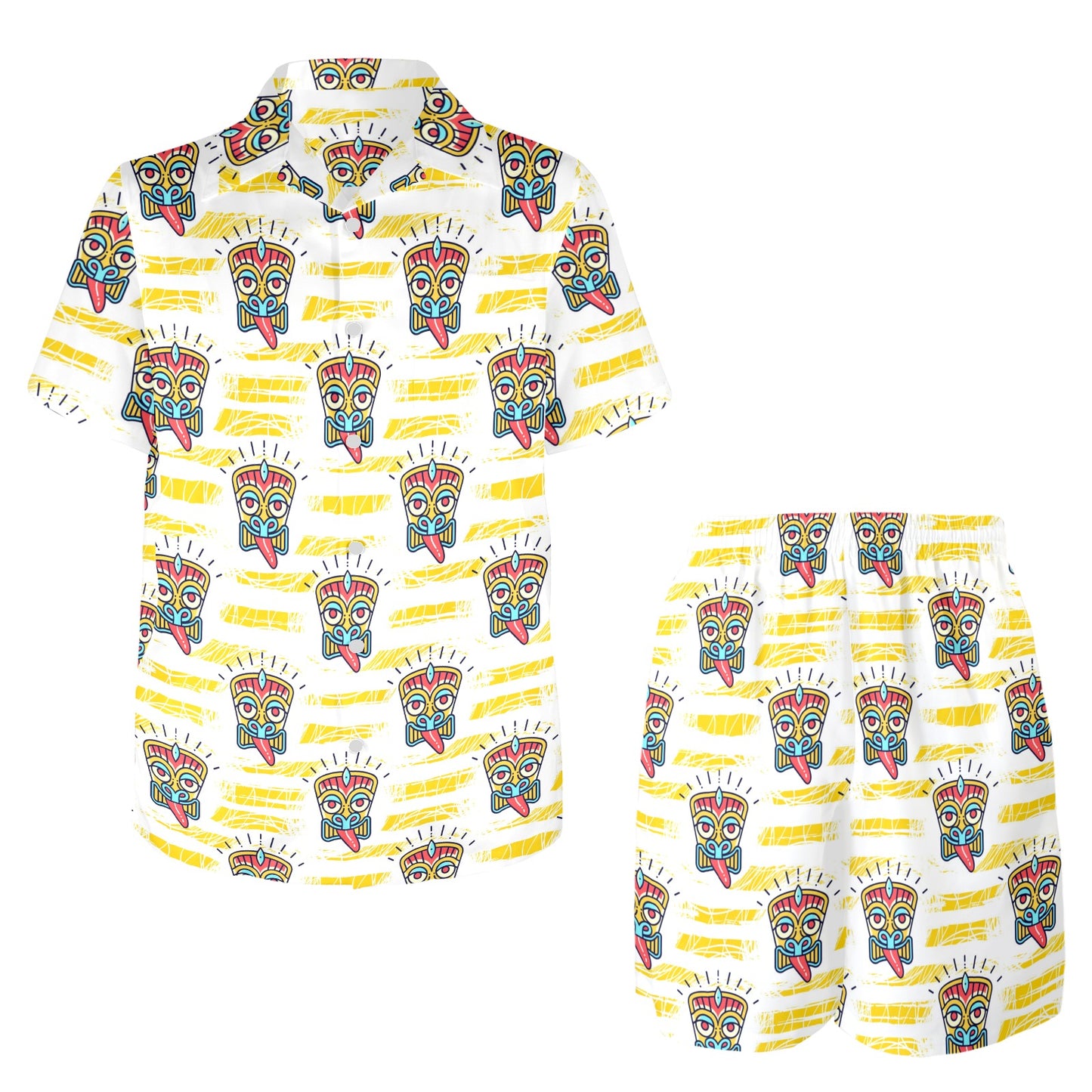 Tiki Smile Mask Print Pattern Men's Beach Shirt and Shorts Set