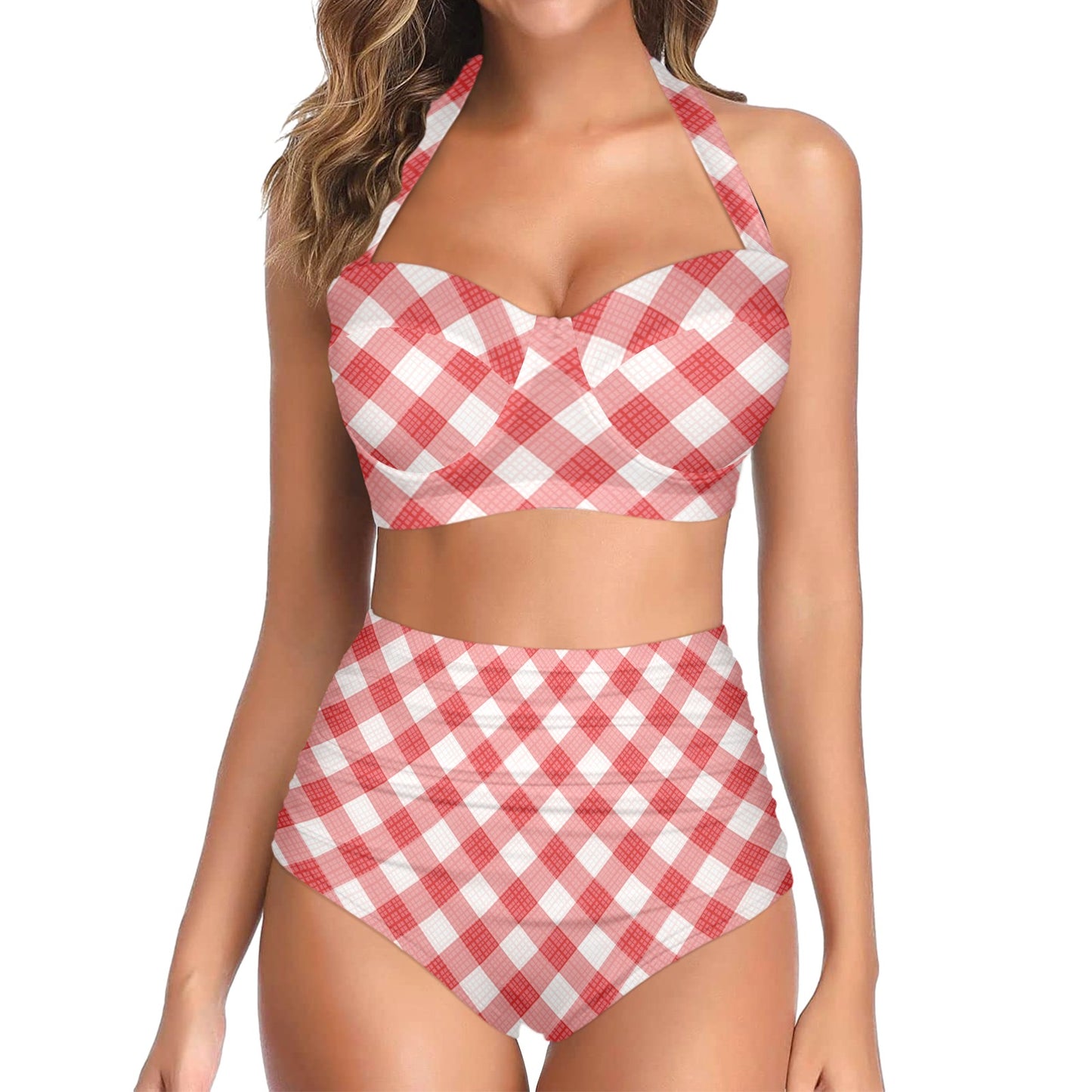 Gingham Red Pattern Print Design 01 Halter Neck Bikini Swimsuit