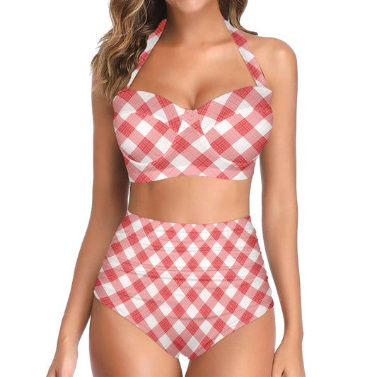 Gingham Red Pattern Print Design 01 Halter Neck Bikini Swimsuit