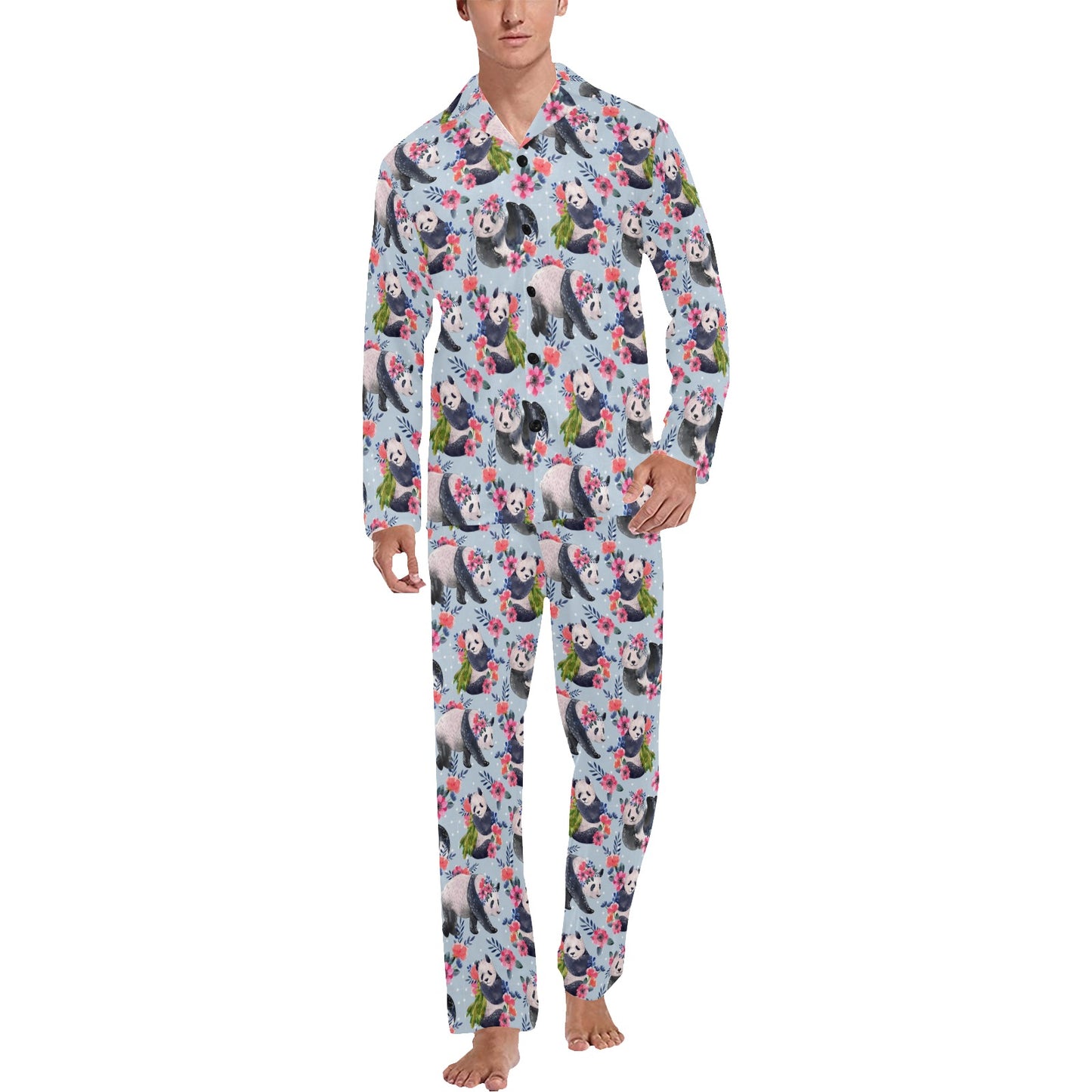 Panda Bear Flower Design Themed Print Men's Long Pajama Set