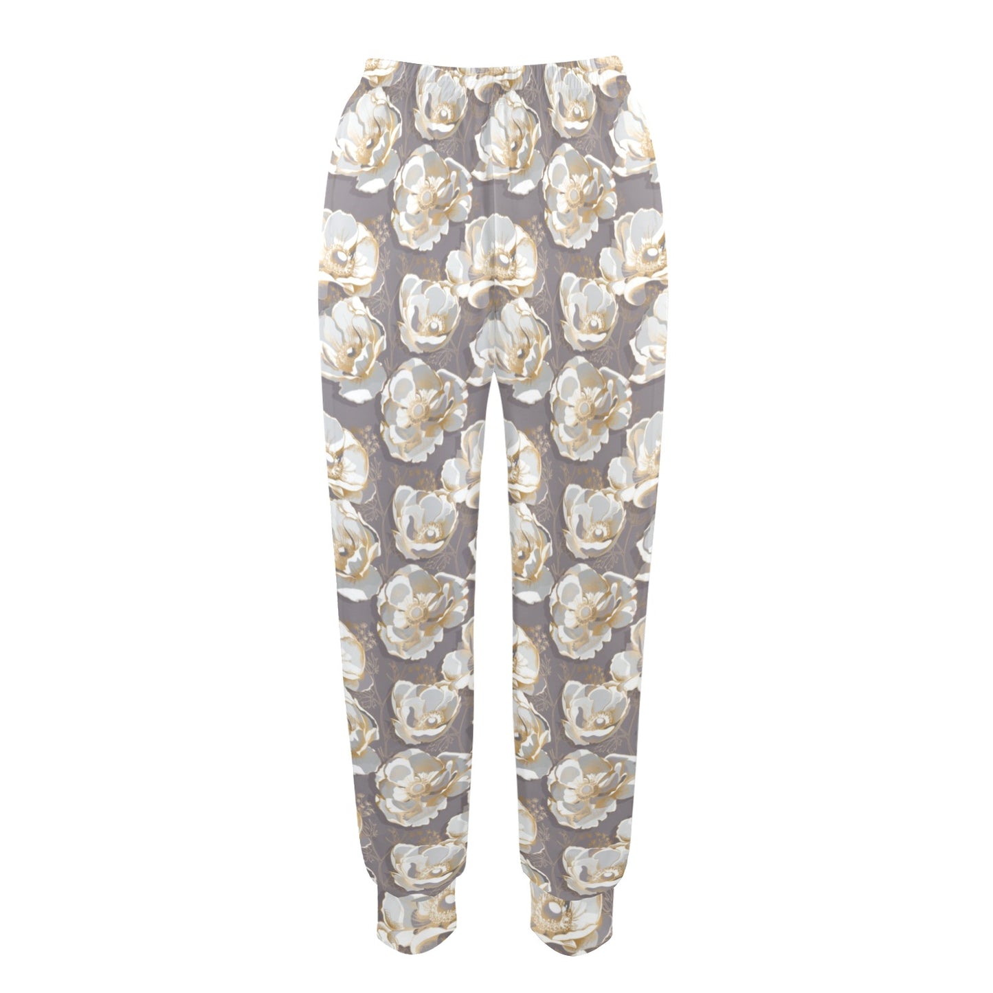 Elegant Grey Flower Print Women's Casual Track Pants
