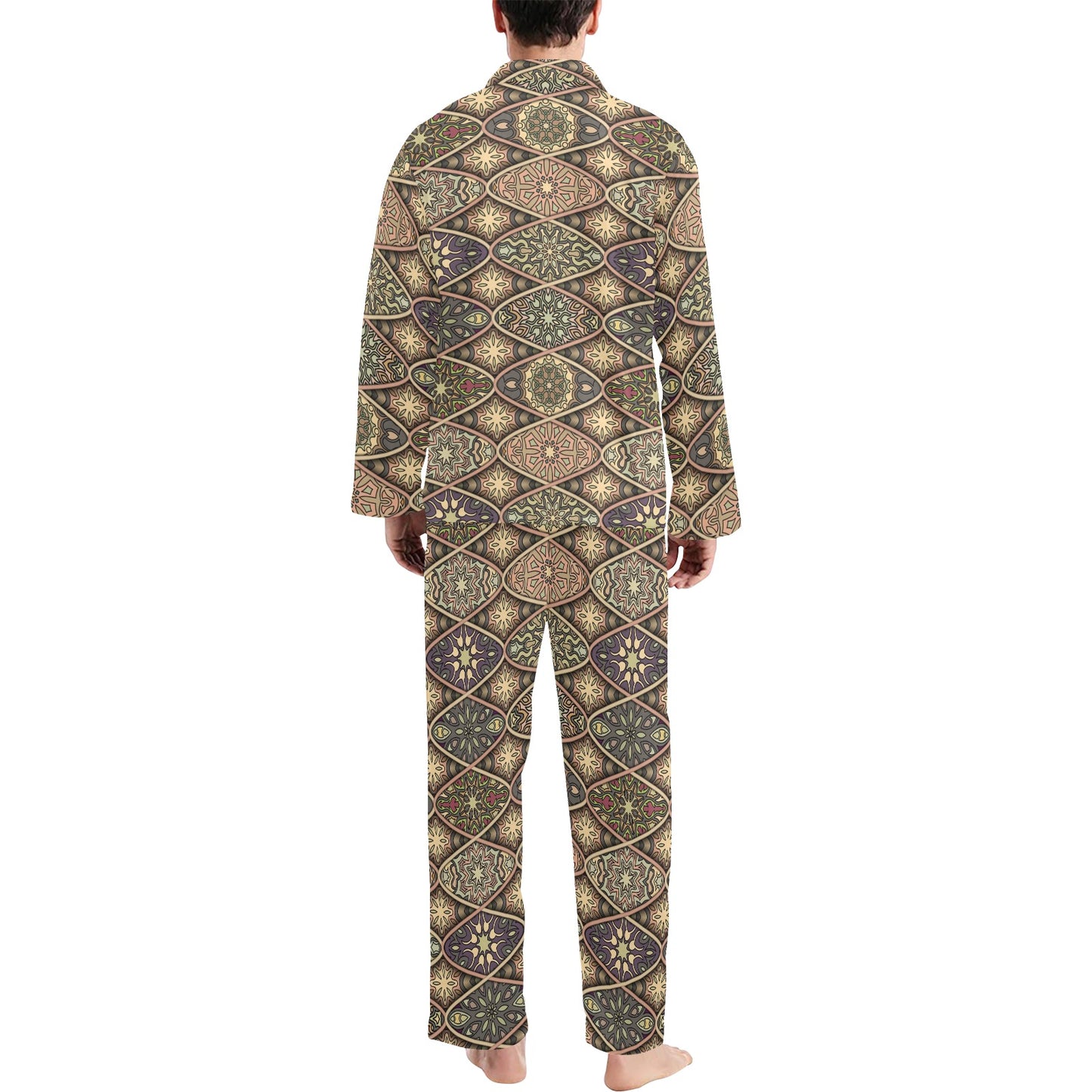 Mandala Motif Themed Design Print Men's Long Pajama Set