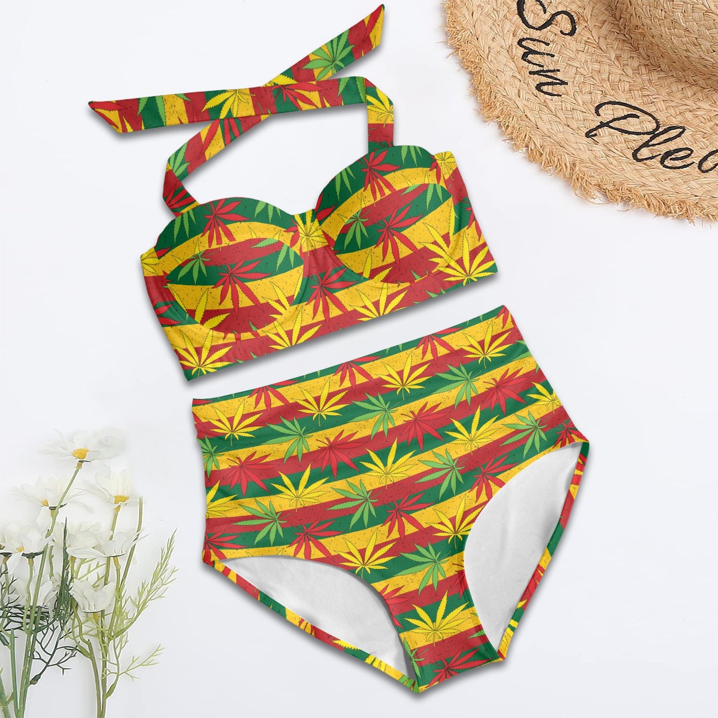 Rasta Pattern Print Design A03 Halter Neck Bikini Swimsuit