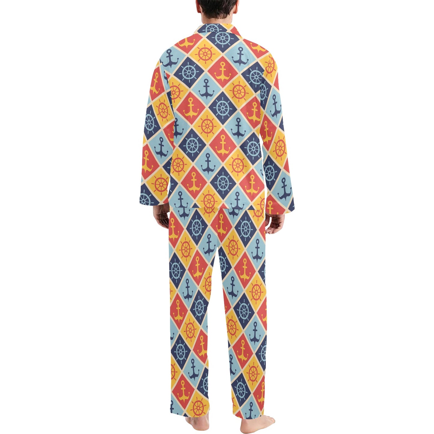 Nautical Pattern Design Themed Print Men's Long Pajama Set