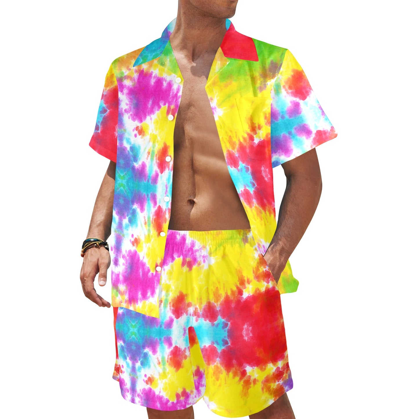 Tie Dye Rainbow Themed Print Men's Beach Shirt and Shorts Set
