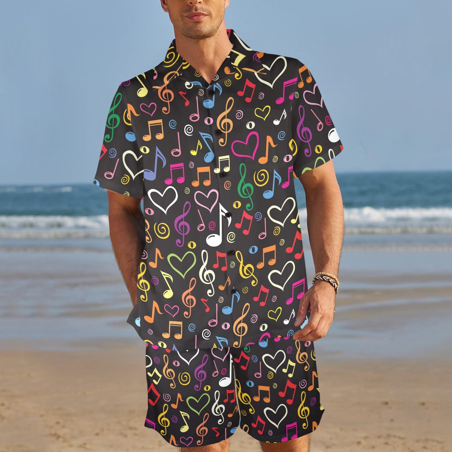 Music note Pattern Print Design A01 Men's Beach Shirt and Shorts Set