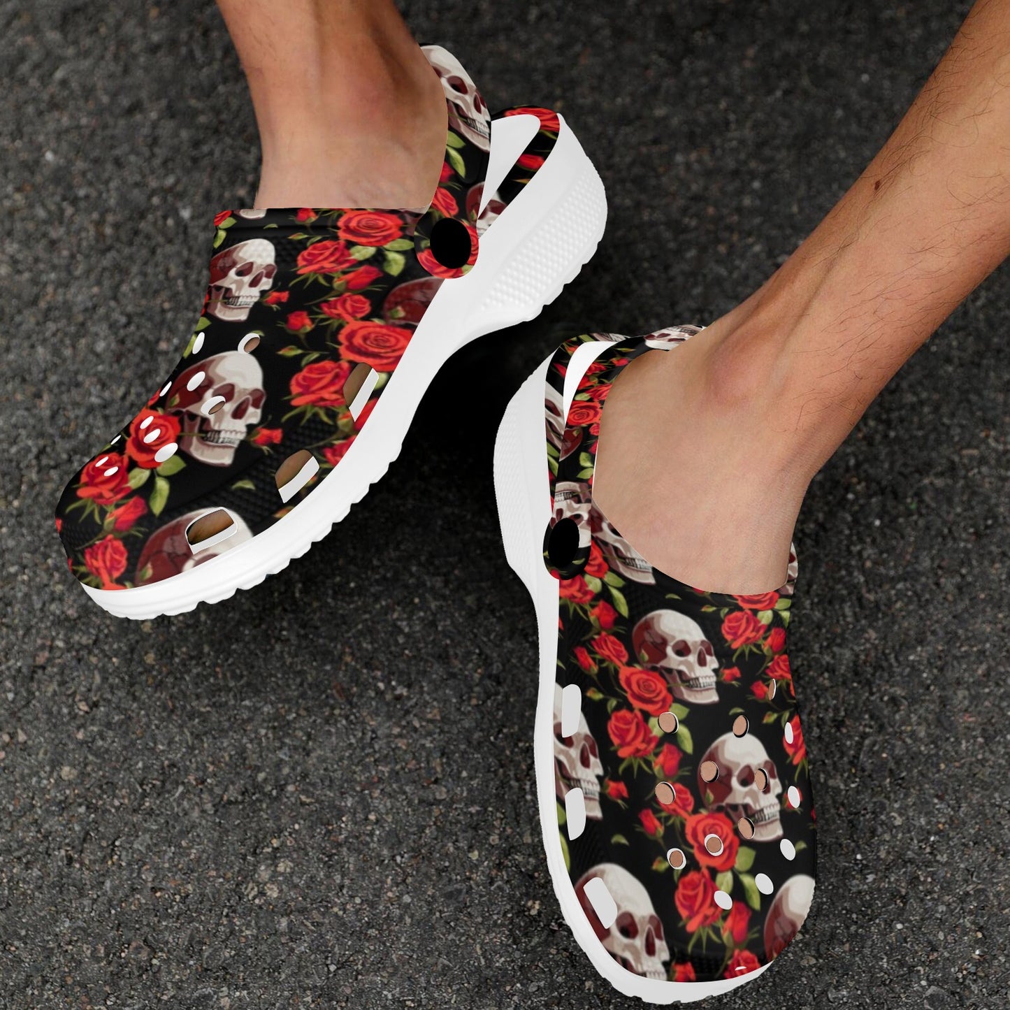 Red Rose Skull Design Print Unisex Clogs Shoes