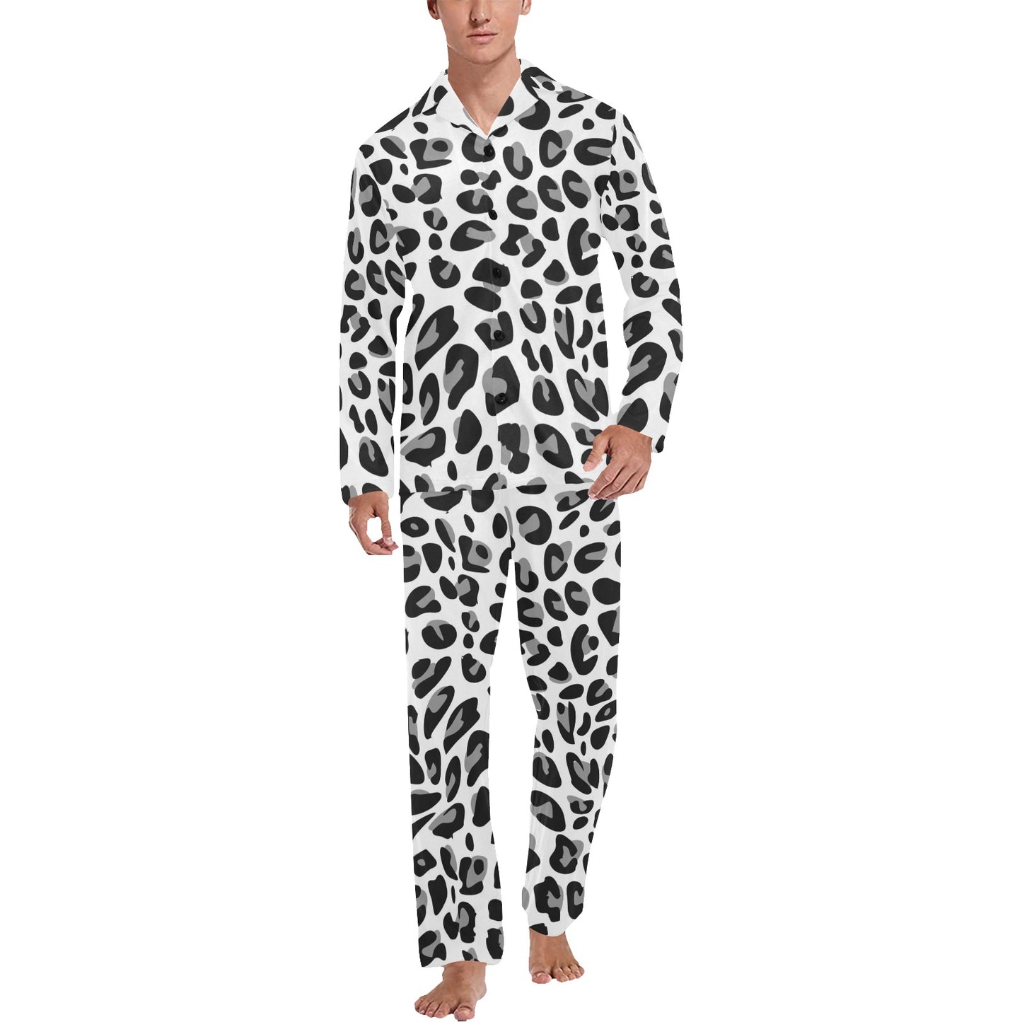 Snow Leopard Skin Print Men's Long Pajama Set