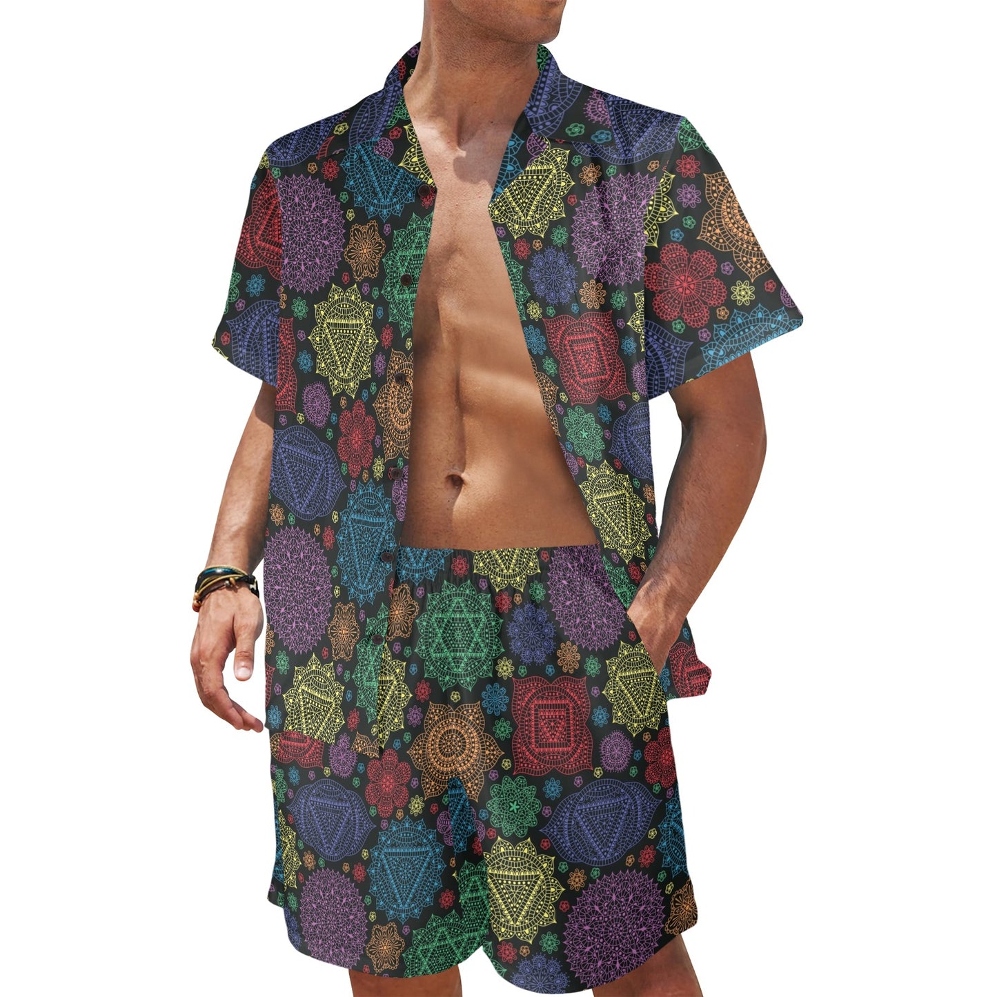 Chakra Mandala Print Pattern Men's Beach Shirt and Shorts Set
