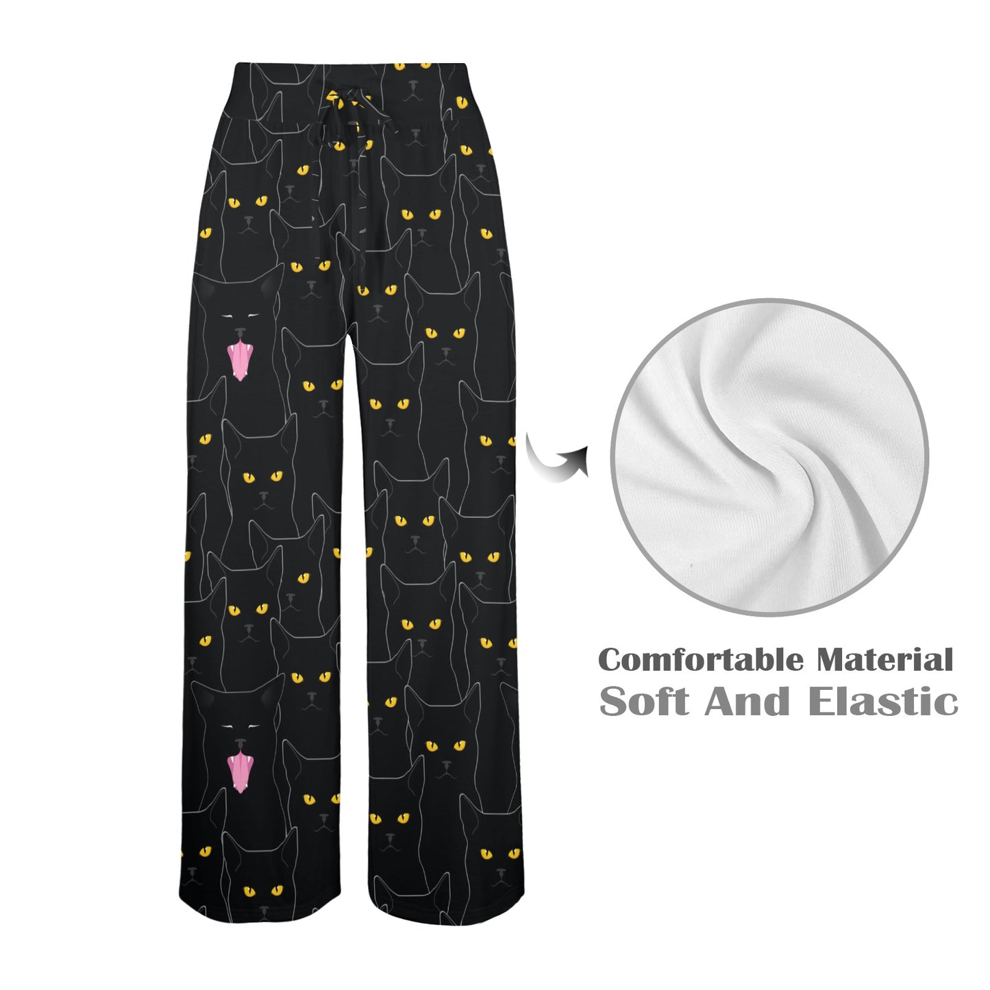 Black Cat Yellow Eyes Print Pattern Women's Wide Leg Lounge Pants