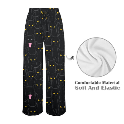 Black Cat Yellow Eyes Print Pattern Women's Wide Leg Lounge Pants