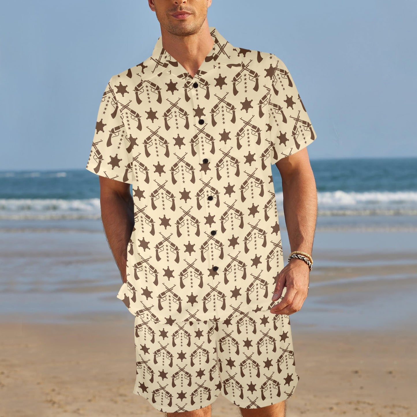 Western Cowboy Print Design LKS302 Men's Beach Shirt and Shorts Set