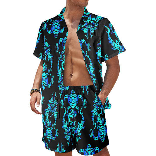 Sea turtle Polynesian Tribal Hawaiian Men's Beach Shirt and Shorts Set