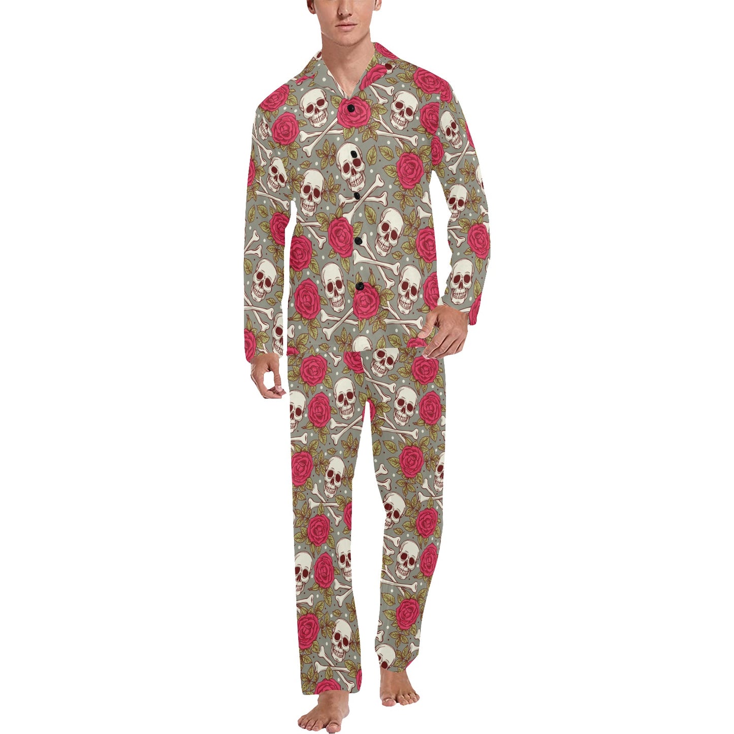 Skull Bone Rose Print Design LKS303 Men's Long Pajama Set