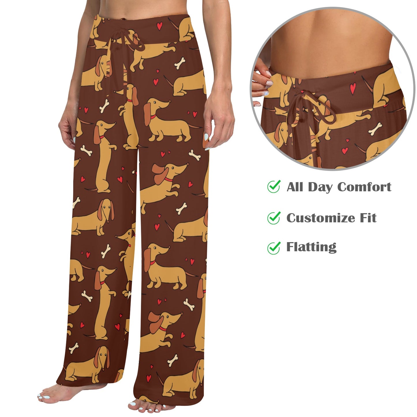 Dachshund Happy Print Pattern Women's Wide Leg Lounge Pants