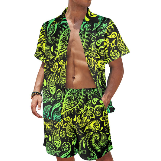 Paisley Green Design Print Men's Beach Shirt and Shorts Set