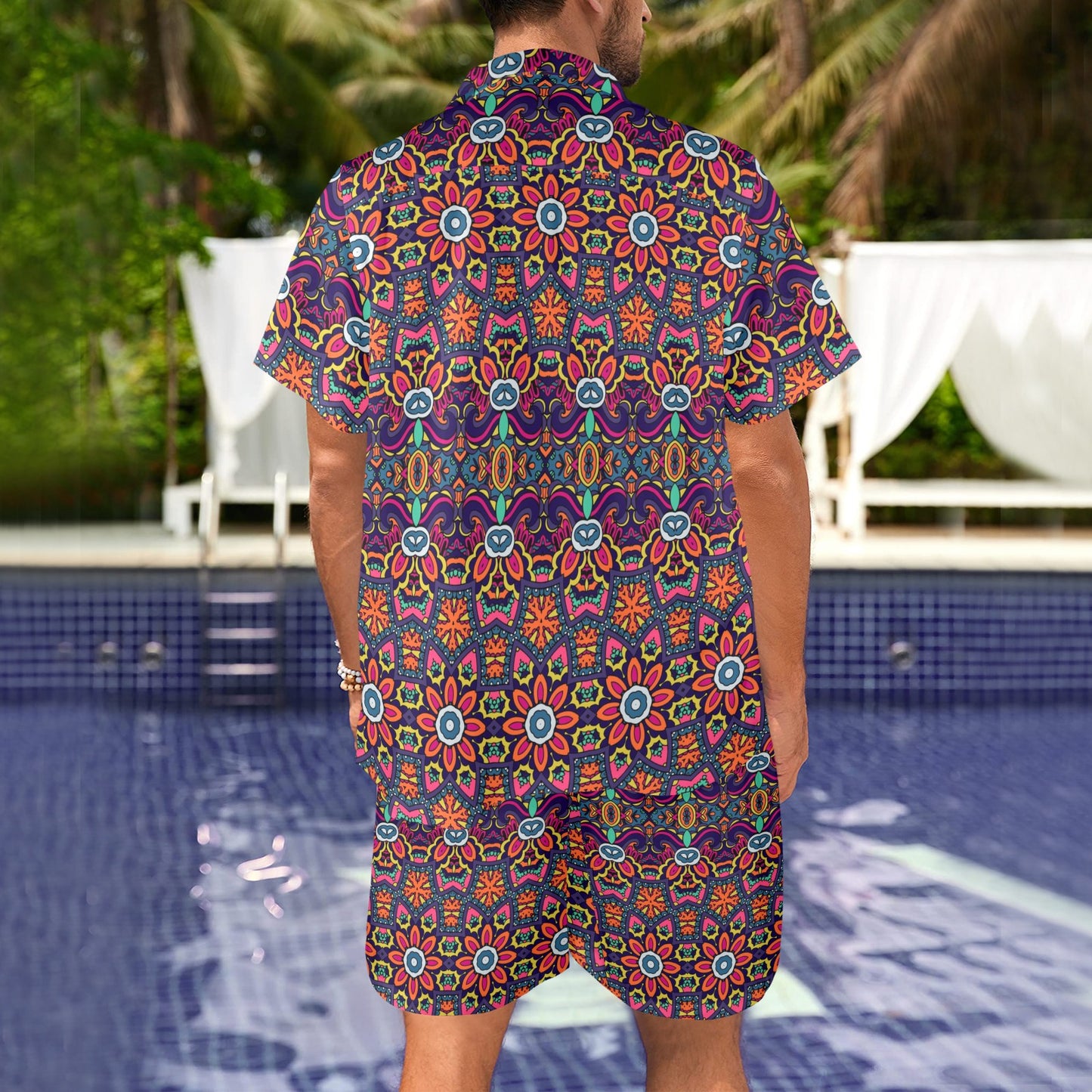 Ethnic Flower Style Print Pattern Men's Beach Shirt and Shorts Set