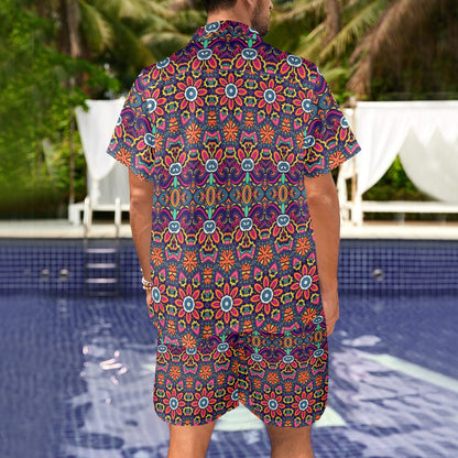 Ethnic Flower Style Print Pattern Men's Beach Shirt and Shorts Set