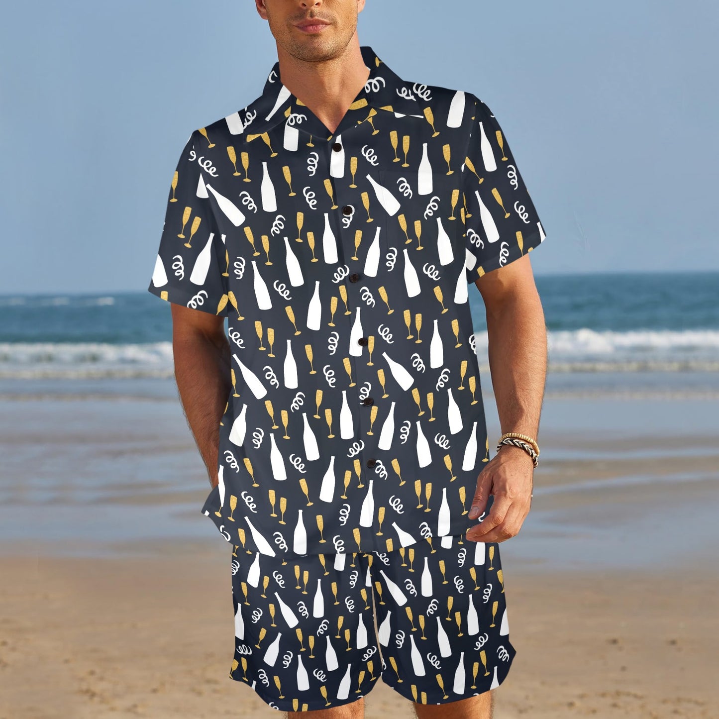 Champagne Pattern Print Design 01 Men's Beach Shirt and Shorts Set